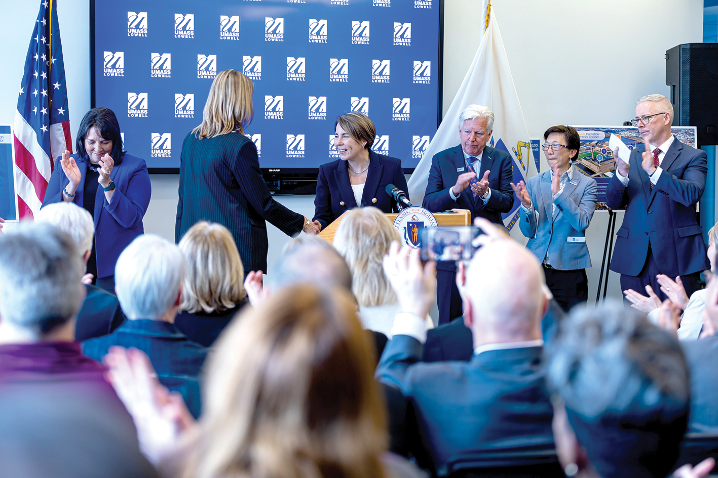 Lt. Governor Kim Driscoll, UML Chancellor Julie Chen, Governor Maura Healey, Congresswoman Lori Trahan, District #3