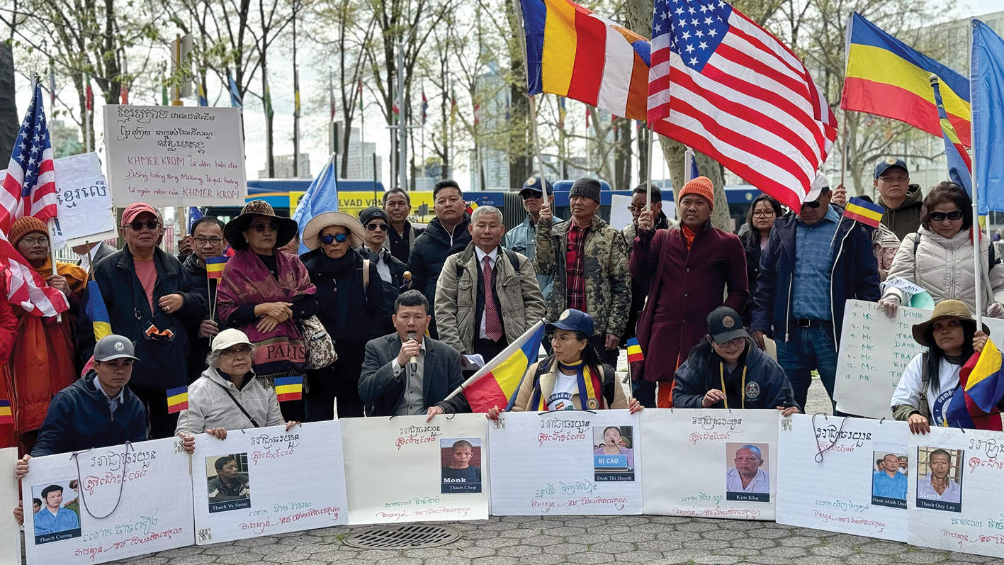 A group of 100 Khmer Krom staged protest outside of UN in New York on Friday, April 19, 2024 to demand the release of 13 Khmer Krom rights defenders who are in prison in Vietnam
