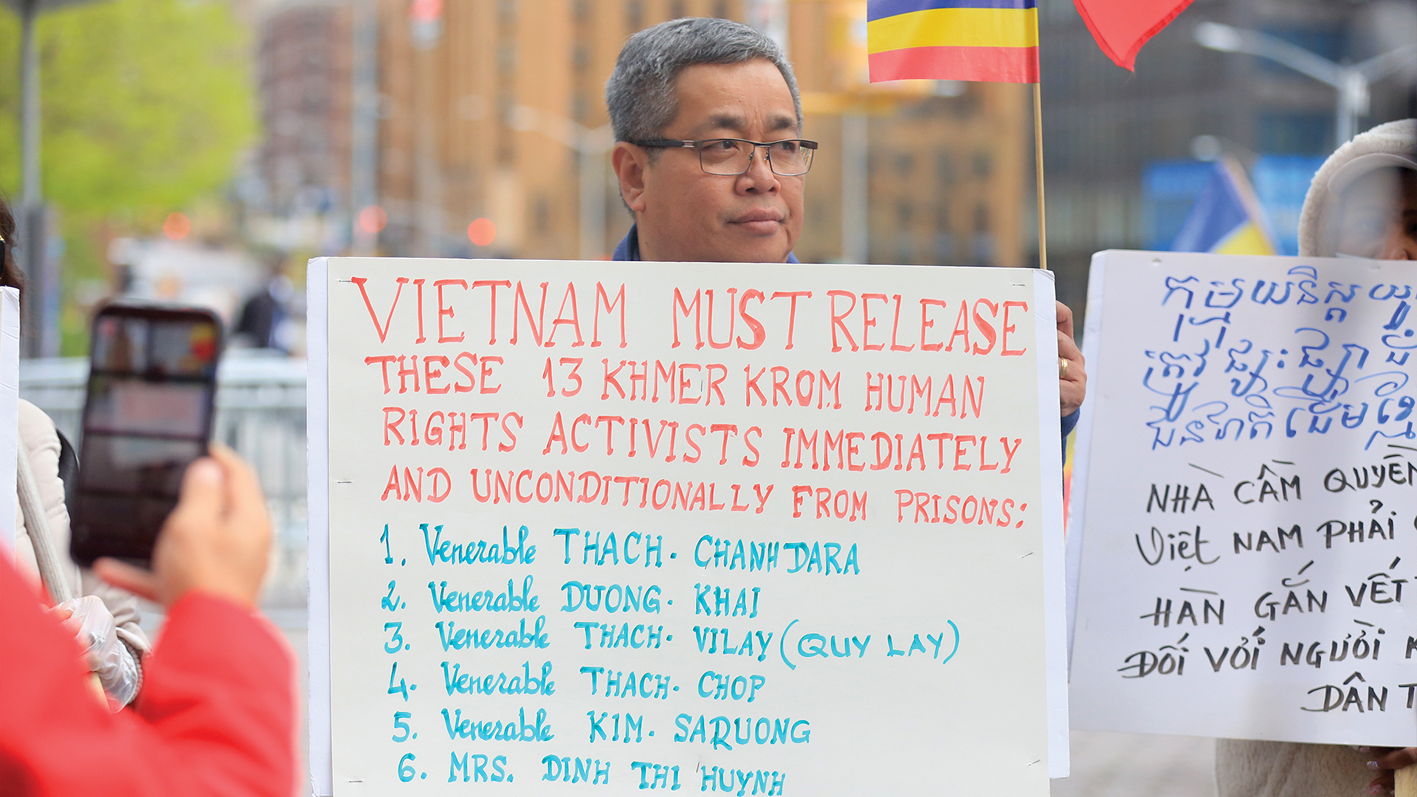 A group of 100 Khmer Krom staged protest outside of UN in New York on Friday, April 19, 2024 to demand the release of 13 Khmer Krom rights defenders who are in prison in Vietnam