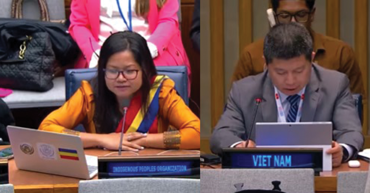 Sothy Kien, KKF Youth Committee Member delivers speech during the 23rd session of United Nations Permanent Forum on Indigenous Issue (UNPFII) in New York between April 15th-17th, 2024 and Vietnam representative at the UNPFII Dang Tran Nam Trung responds.